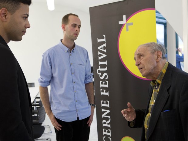 Pierre Boulez in conversation with Samy Moussa and Piotr Peszat, the first recipients of the "Roche Young Commissions", 2013
